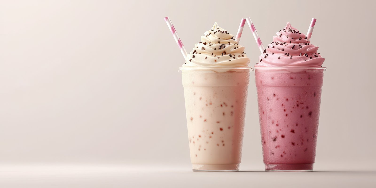 Delightful milkshakes served in clear cups with whipped cream and sprinkles on a light background